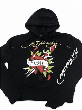 Ed Hardy Men's Black Graphic Hoodie - Heart & Dagger Design